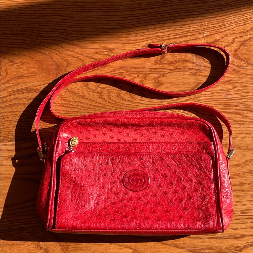 Vintage Rare Gucci Red Ostrich Leather Messanger Purse Shoulder Bag - Picture 9 of 15